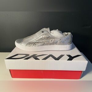 DKNY Metallic Silver Nappa Laser Cut Sneakers 9 New In Box